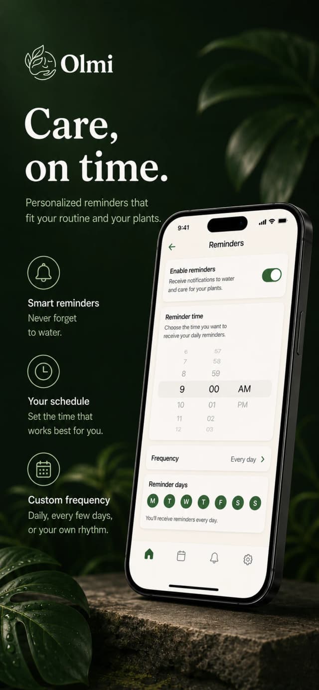 Olmi watering reminders screen